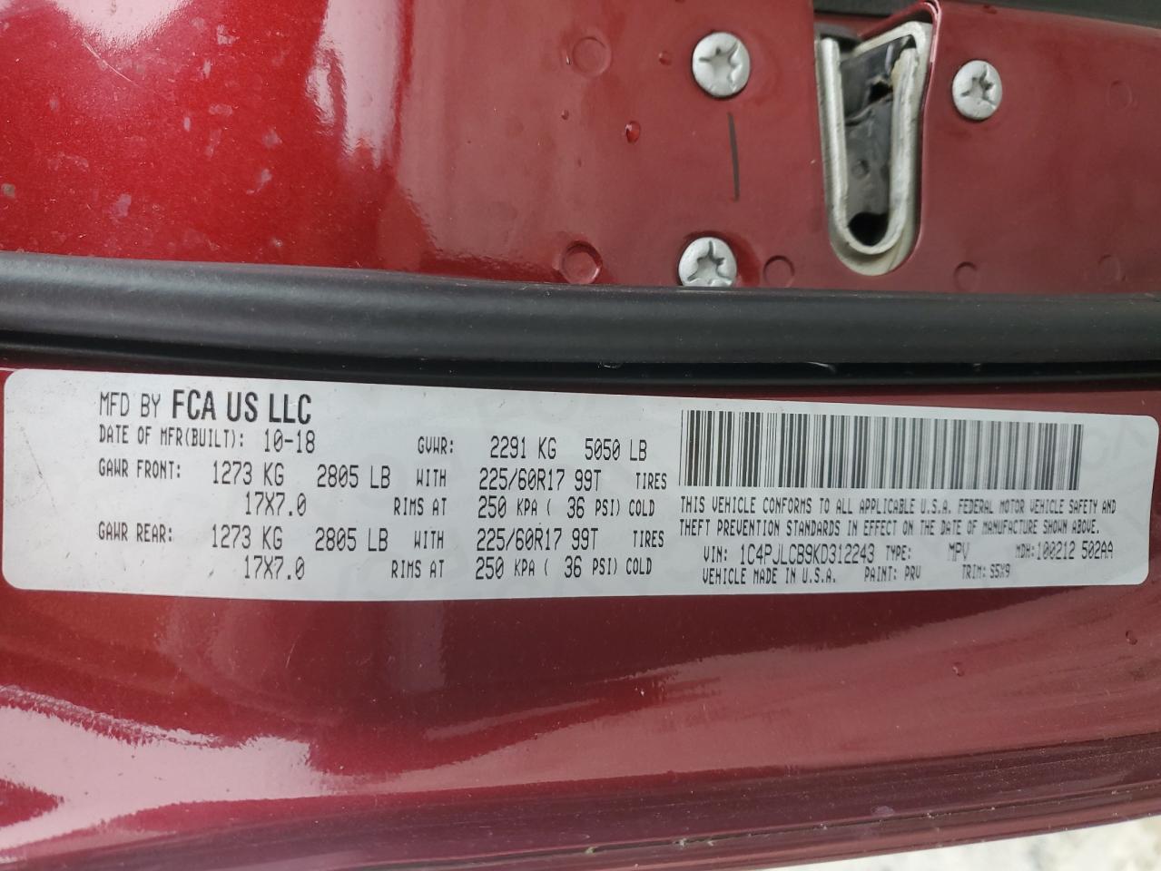 2019 Jeep Grand Cherokee VIN 1C4PJLCB9KD312243 Copart auction photo, front end / side damage thumbnail 16