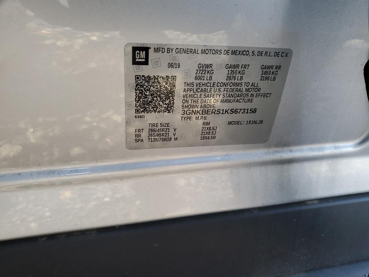 2019 Chevrolet Blazer VIN 3GNKBERS1KS673158 Copart auction photo, rear end / side damage thumbnail 13