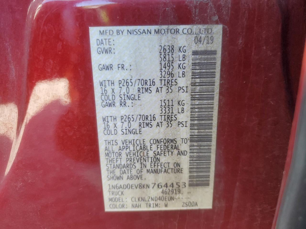 2019 Nissan Navara (Frontier) VIN 1N6AD0EV8KN764453 Copart auction photo, front end / rear end damage thumbnail 12