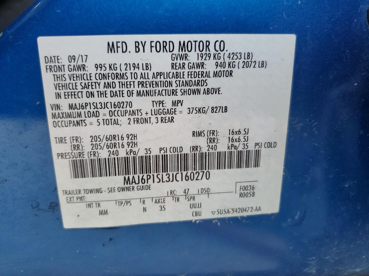 2018 Ford EcoSport VIN MAJ6P1SL3JC160270 Copart auction photo, front end / side damage thumbnail 13