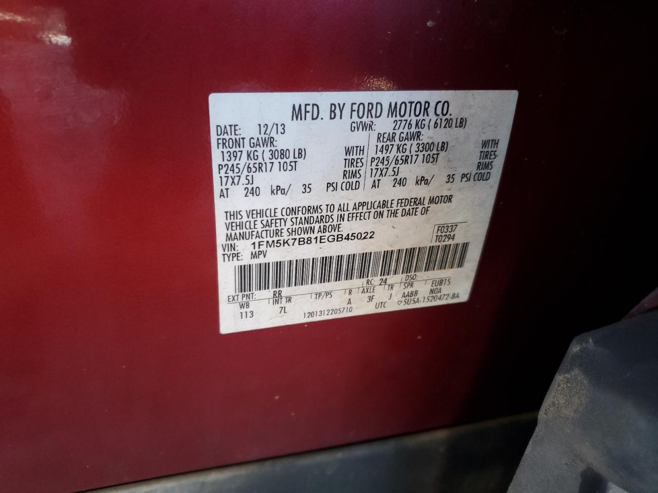 2014 Ford Explorer VIN 1FM5K7B81EGB45022 Copart auction photo, front end damage thumbnail 13