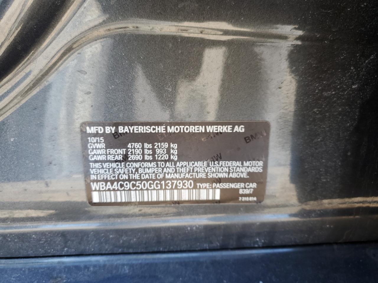 2016 BMW 4er VIN WBA4C9C50GG137930 Copart auction photo, rear end / side damage thumbnail 12