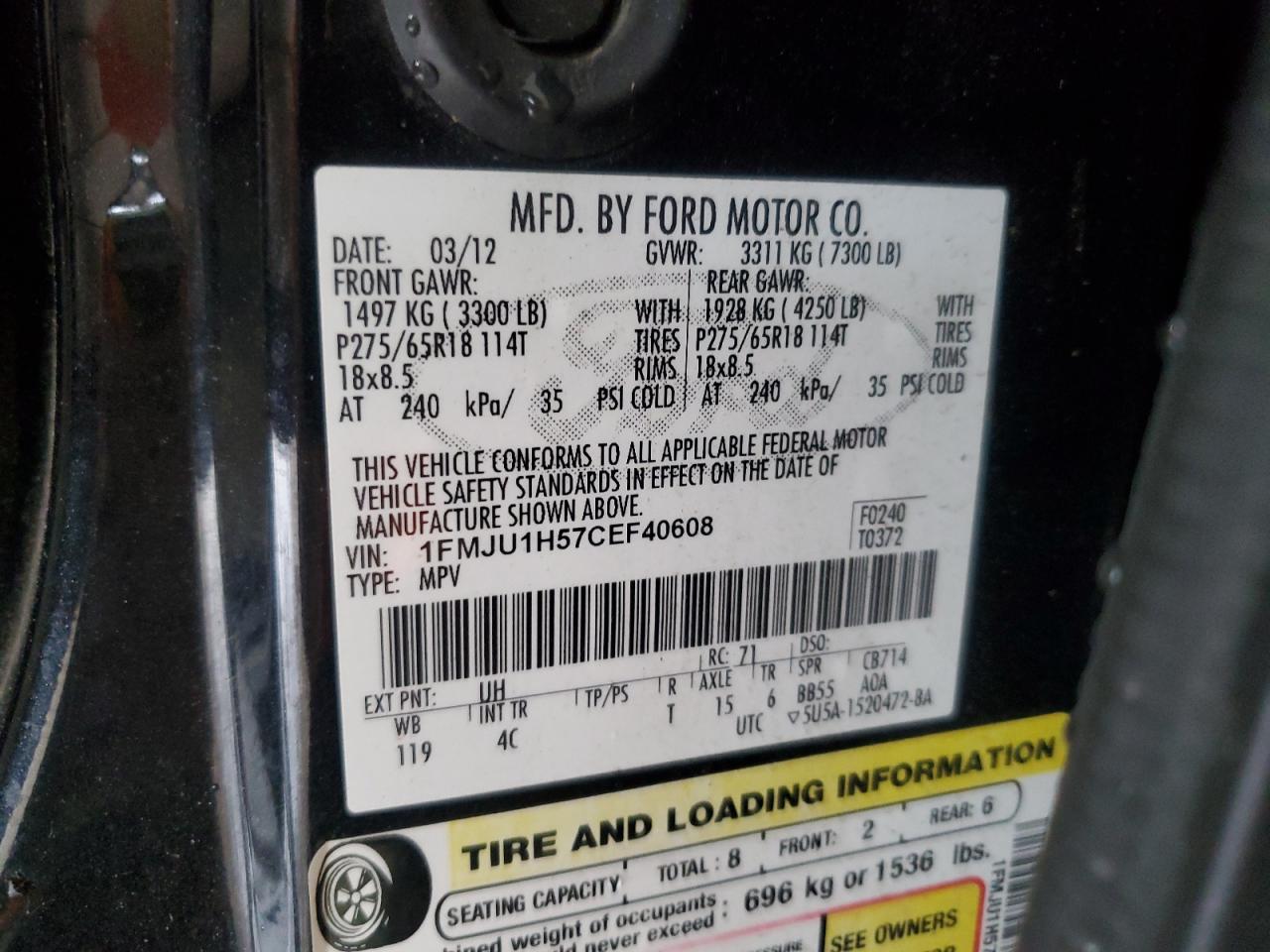2012 Ford Expedition VIN 1FMJU1H57CEF40608 Copart auction photo, side / minor dent/scratches damage thumbnail 15