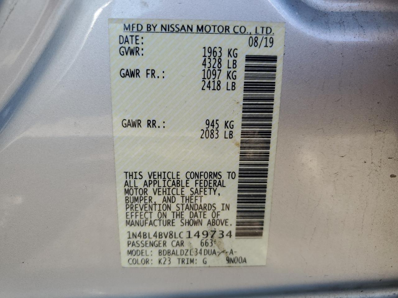 2020 Nissan Altima VIN 1N4BL4BV8LC149734 Copart auction photo, front end / water/flood damage thumbnail 15