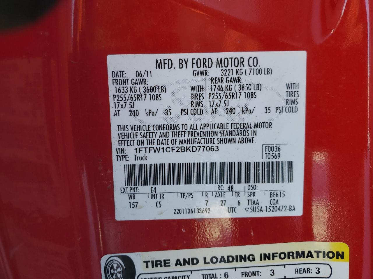 2011 Ford F-150 VIN 1FTFW1CF2BKD77063 Copart auction photo, mechanical damage thumbnail 12