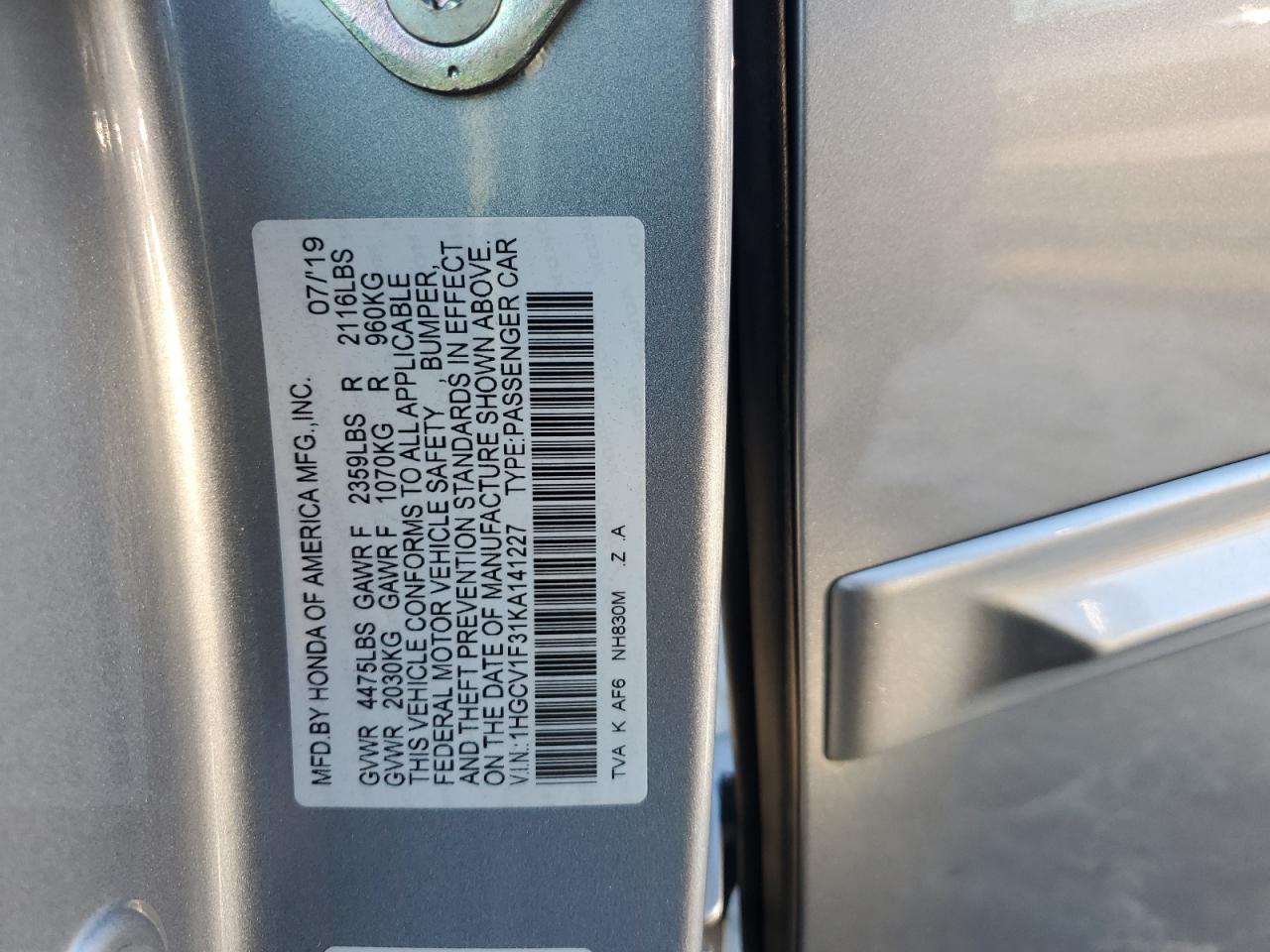 2019 Honda Accord VIN 1HGCV1F31KA141227 Copart auction photo, rear end damage thumbnail 13