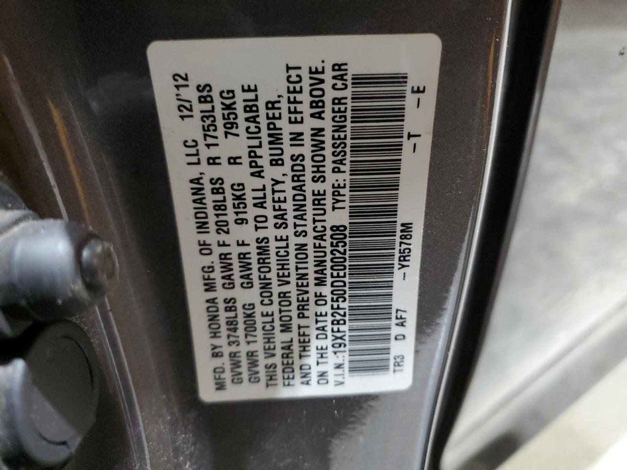 2013 Honda Civic VIN 19XFB2F50DE002508 Copart auction photo, rear end / minor dent/scratches damage thumbnail 14