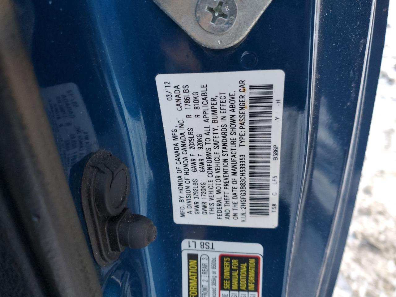 2012 Honda Civic VIN 2HGFG3B83CH539353 Copart auction photo, all over damage thumbnail 13