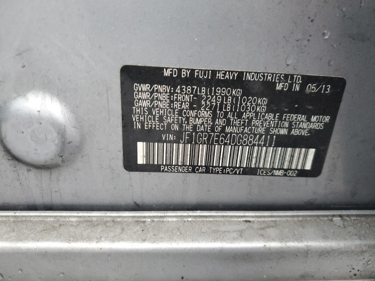 2013 Subaru WRX VIN JF1GR7E64DG884411 Copart auction photo, rear end / minor dent/scratches damage thumbnail 14