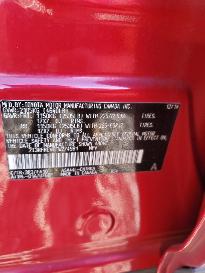 2015 Toyota RAV 4 VIN 2T3RFREV0FW274981 Copart auction photo, front end damage thumbnail 13