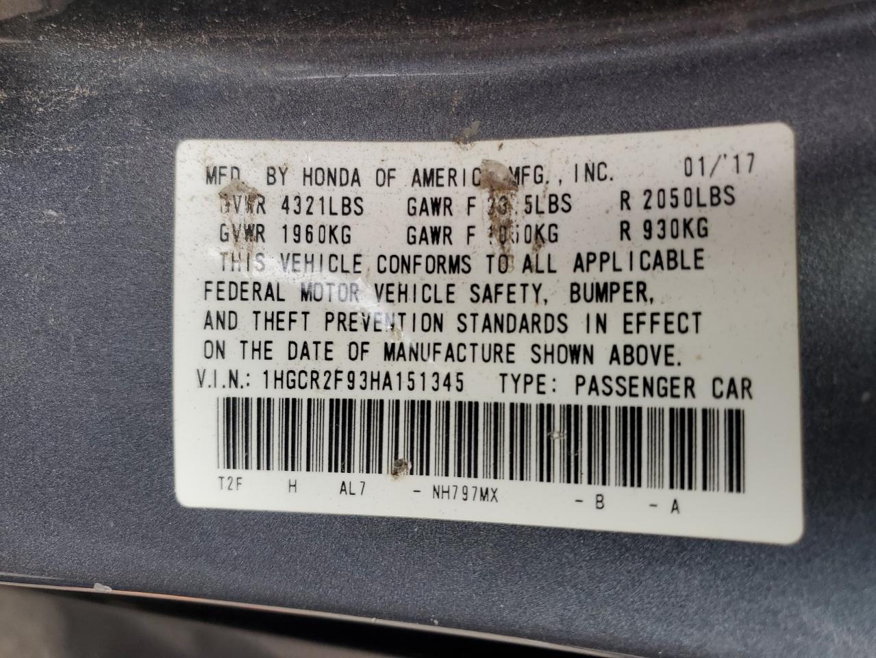 2017 Honda Accord VIN 1HGCR2F93HA151345 Copart auction photo, mechanical / front end damage thumbnail 13