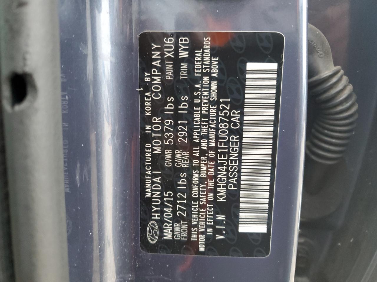 2015 Hyundai Genesis VIN KMHGN4JE1FU087521 Copart auction photo, front end damage thumbnail 13
