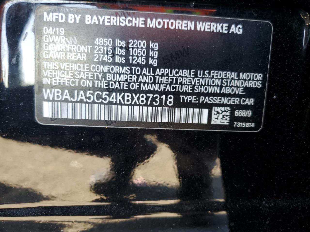 2019 BMW 5er VIN WBAJA5C54KBX87318 Copart auction photo, rear end / front end damage thumbnail 14