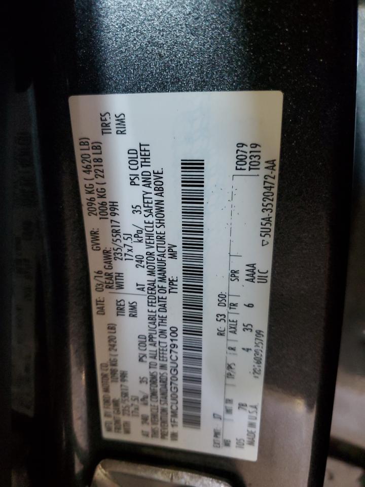 2016 Ford Escape VIN 1FMCU0G70GUC79100 Copart auction photo, side / rear end damage thumbnail 15