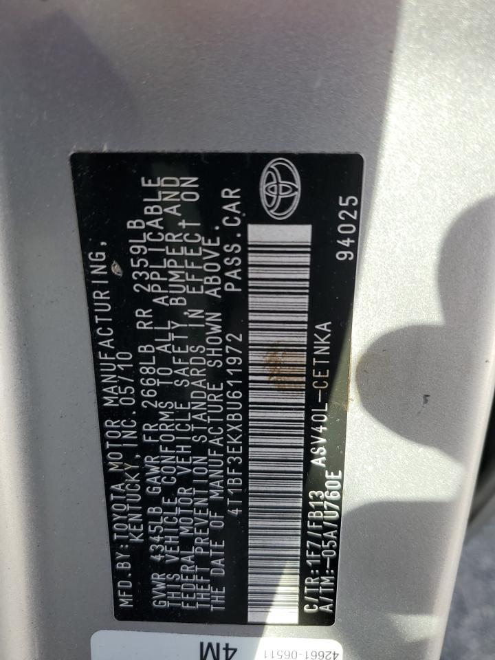 2011 Toyota Camry VIN 4T1BF3EKXBU611972 Copart auction photo, front end / side damage thumbnail 12