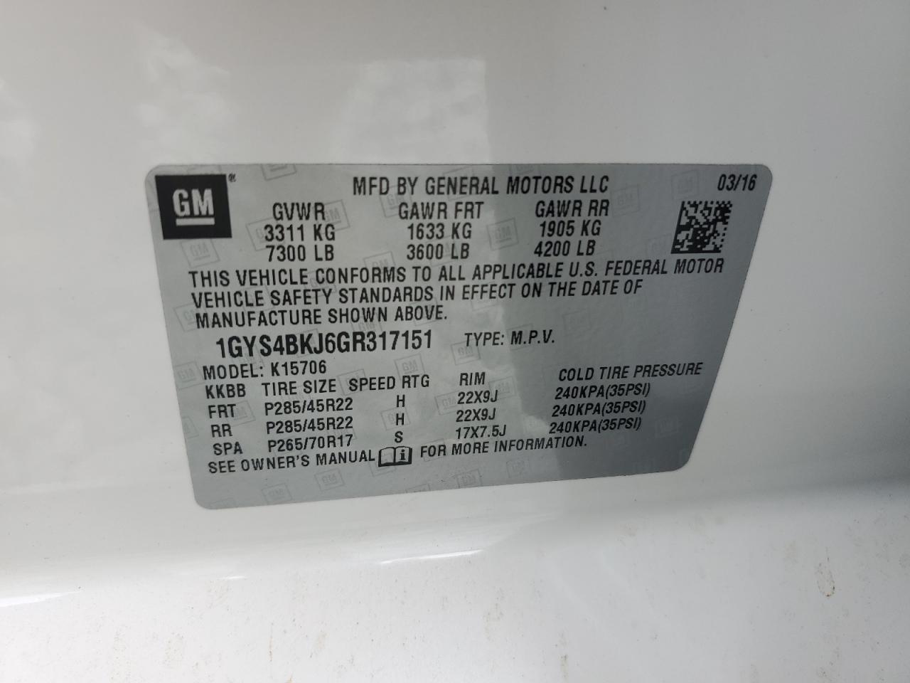 2016 Cadillac Escalade VIN 1GYS4BKJ6GR317151 Copart auction photo, side damage thumbnail 15