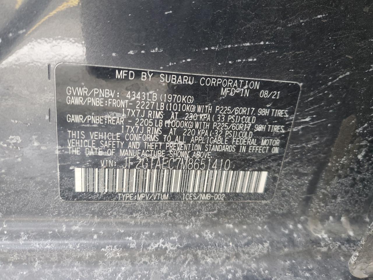 2021 Subaru XV VIN JF2GTAEC7M8651410 Copart auction photo, front end damage thumbnail 13