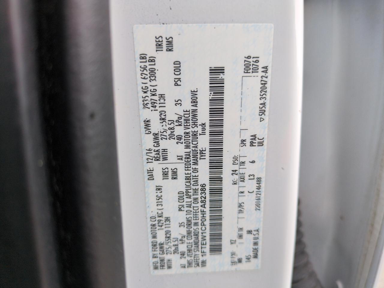 2017 Ford F-150 VIN 1FTEW1CP0HFA82386 Copart auction photo, water/flood damage thumbnail 13