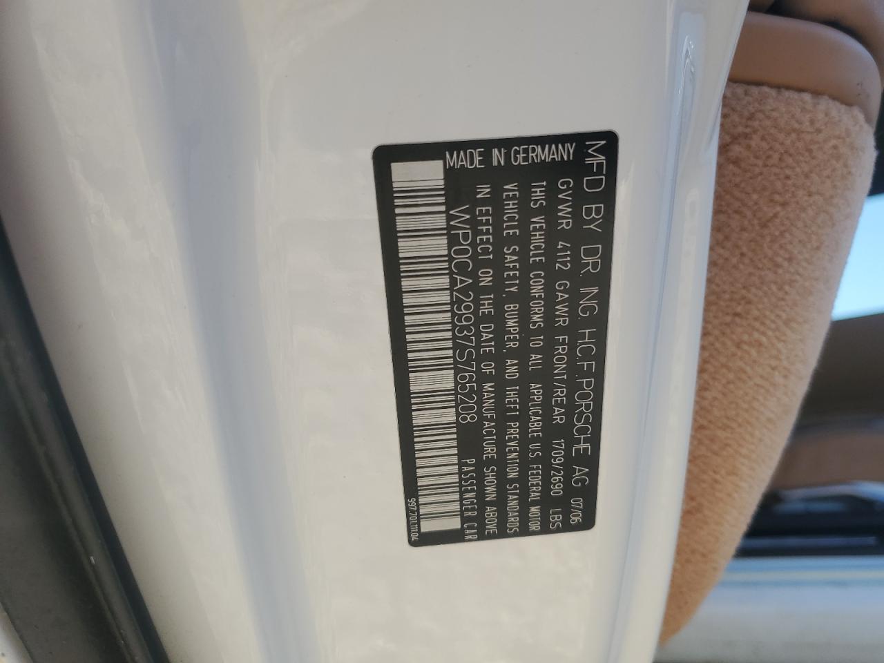 2007 Porsche 911 VIN WP0CA29937S765208 Copart auction photo, water/flood damage thumbnail 13
