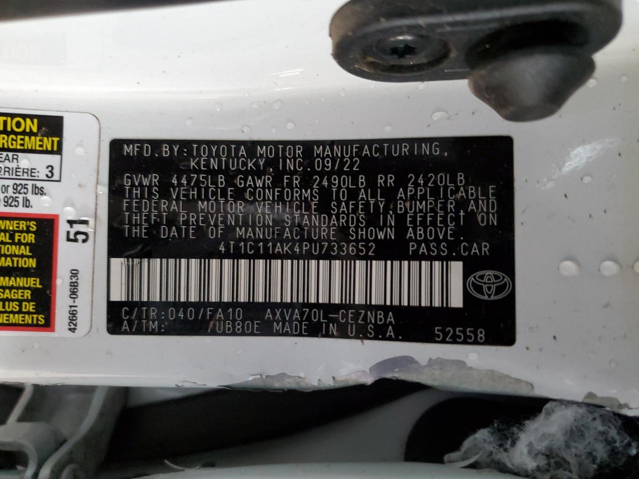 2023 Toyota Camry VIN 4T1C11AK4PU733652 Copart auction photo, all over damage thumbnail 12