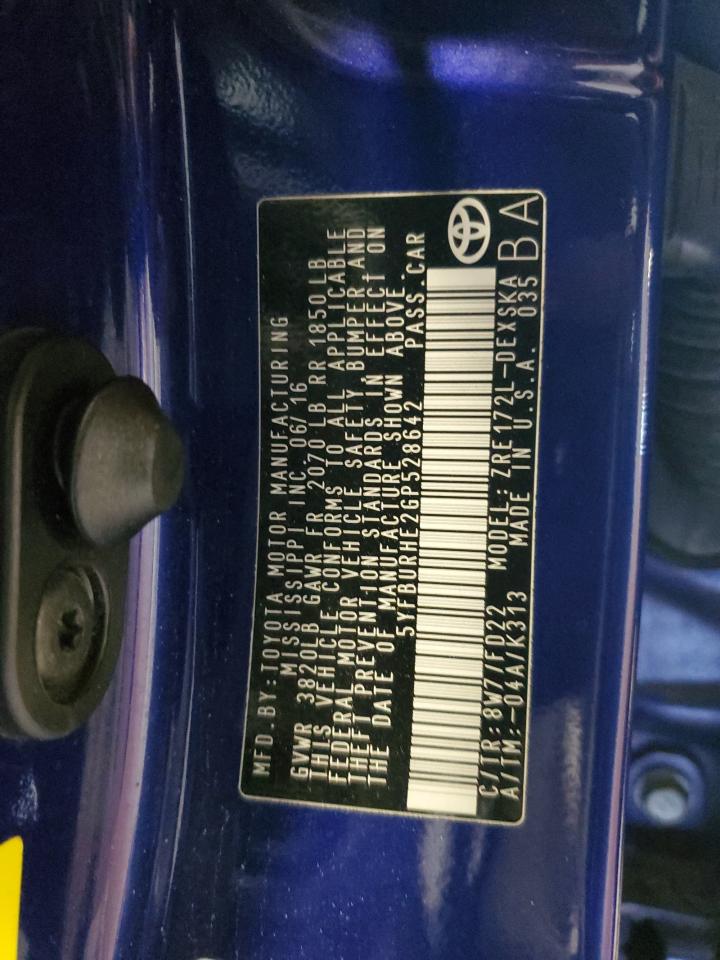 2016 Toyota Corolla VIN 5YFBURHE2GP528642 Copart auction photo, front end / minor dent/scratches damage thumbnail 13