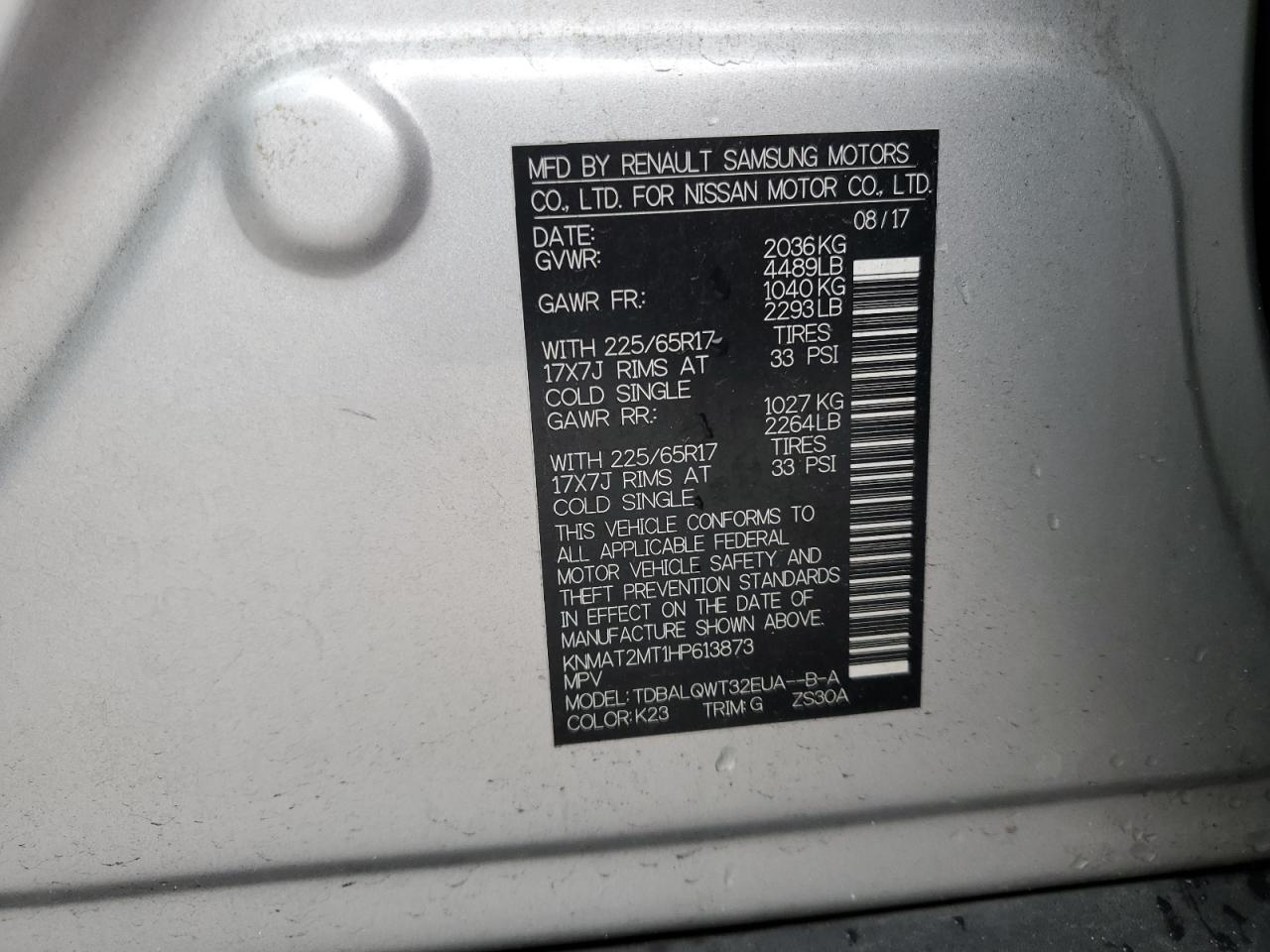 2017 Nissan Rogue VIN KNMAT2MT1HP613873 Copart auction photo, all over damage thumbnail 14