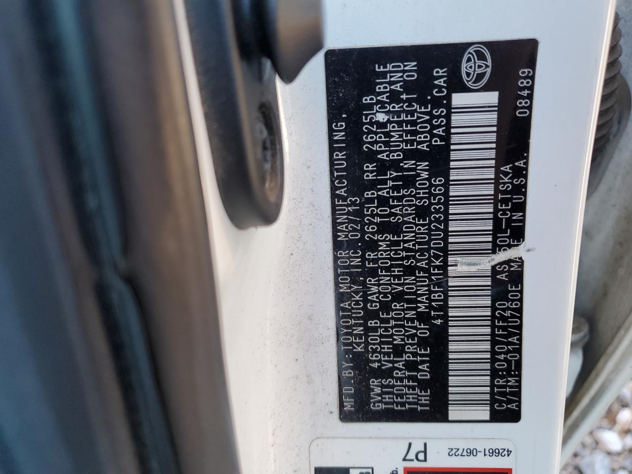 2013 Toyota Camry VIN 4T1BF1FK7DU233566 Copart auction photo, front end / water/flood damage thumbnail 12