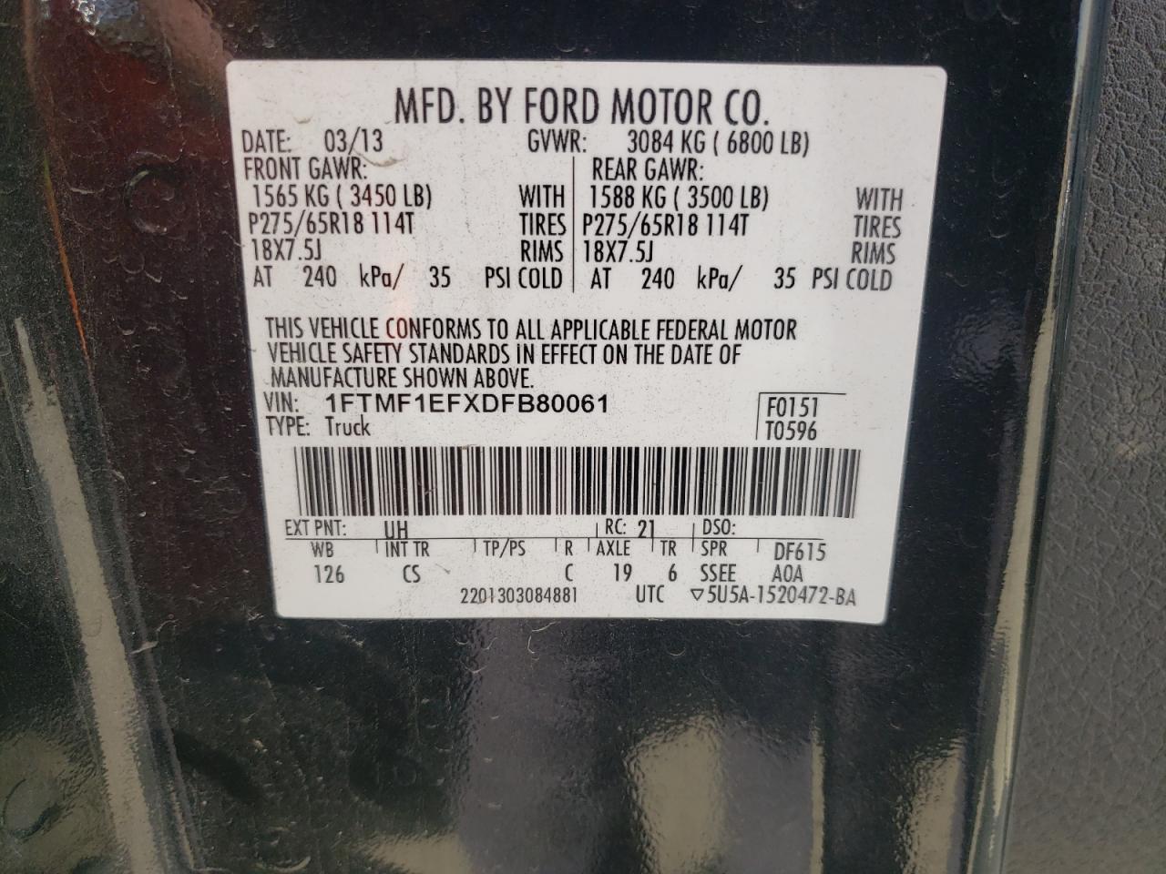 2013 Ford F-150 VIN 1FTMF1EFXDFB80061 Copart auction photo, all over / undercarriage damage thumbnail 14