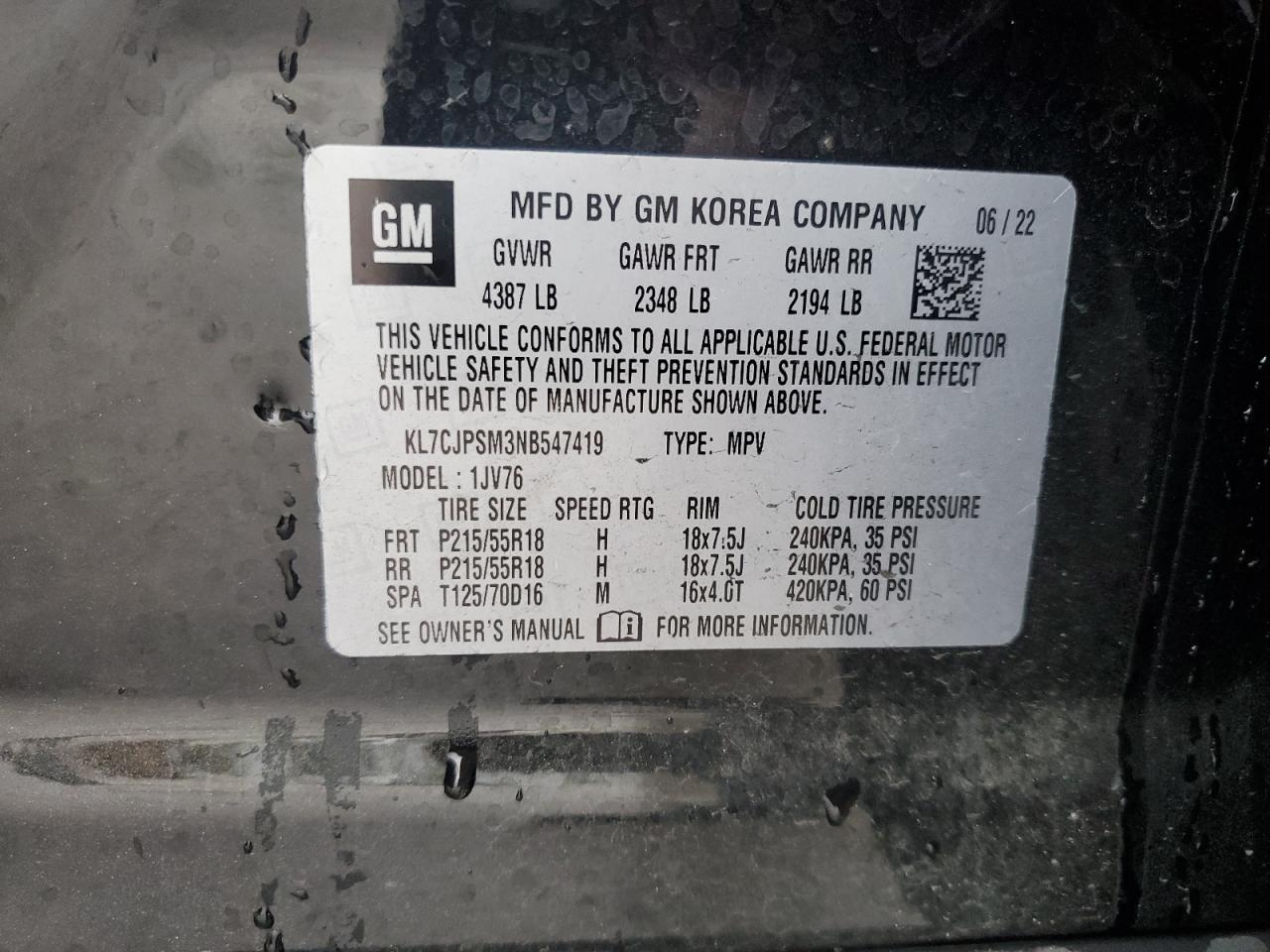 2022 Chevrolet Trax VIN KL7CJPSM3NB547419 Copart auction photo, front end damage thumbnail 13