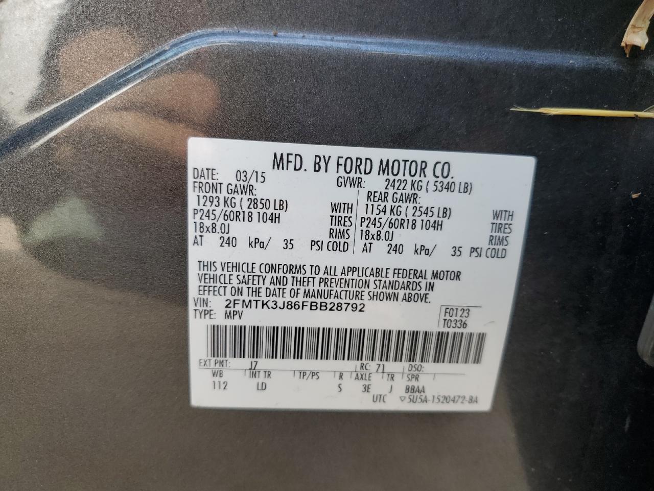 2015 Ford Edge VIN 2FMTK3J86FBB28792 Copart auction photo, water/flood damage thumbnail 14