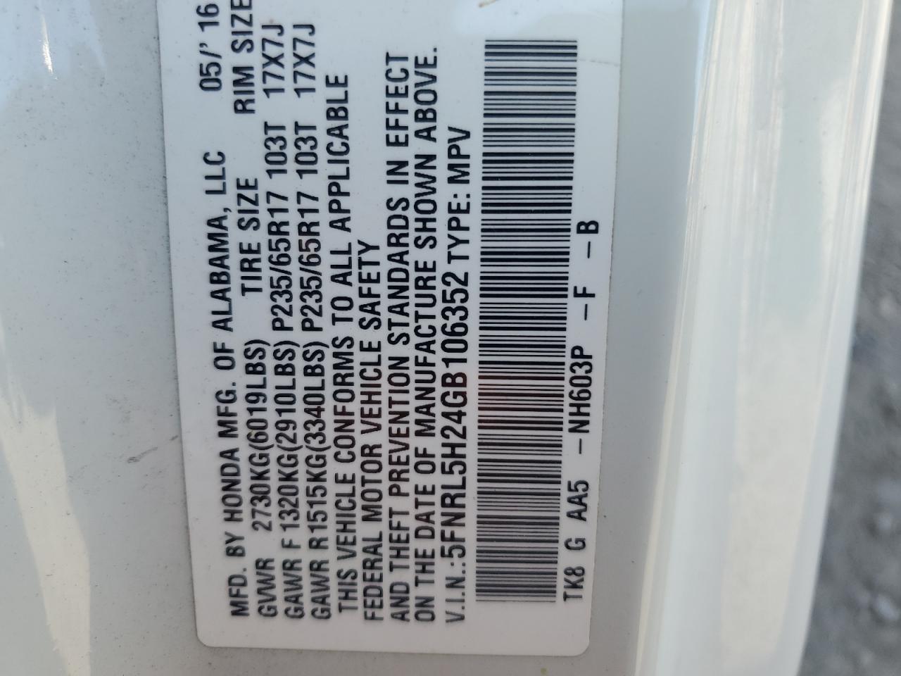 2016 Honda Odyssey VIN 5FNRL5H24GB106352 Copart auction photo, front end damage thumbnail 12
