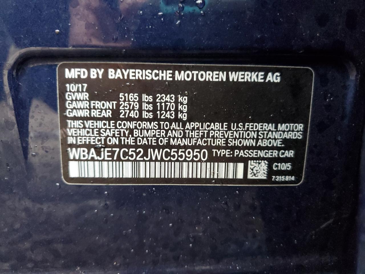 2018 BMW 5er VIN WBAJE7C52JWC55950 Copart auction photo, front end / side damage thumbnail 13