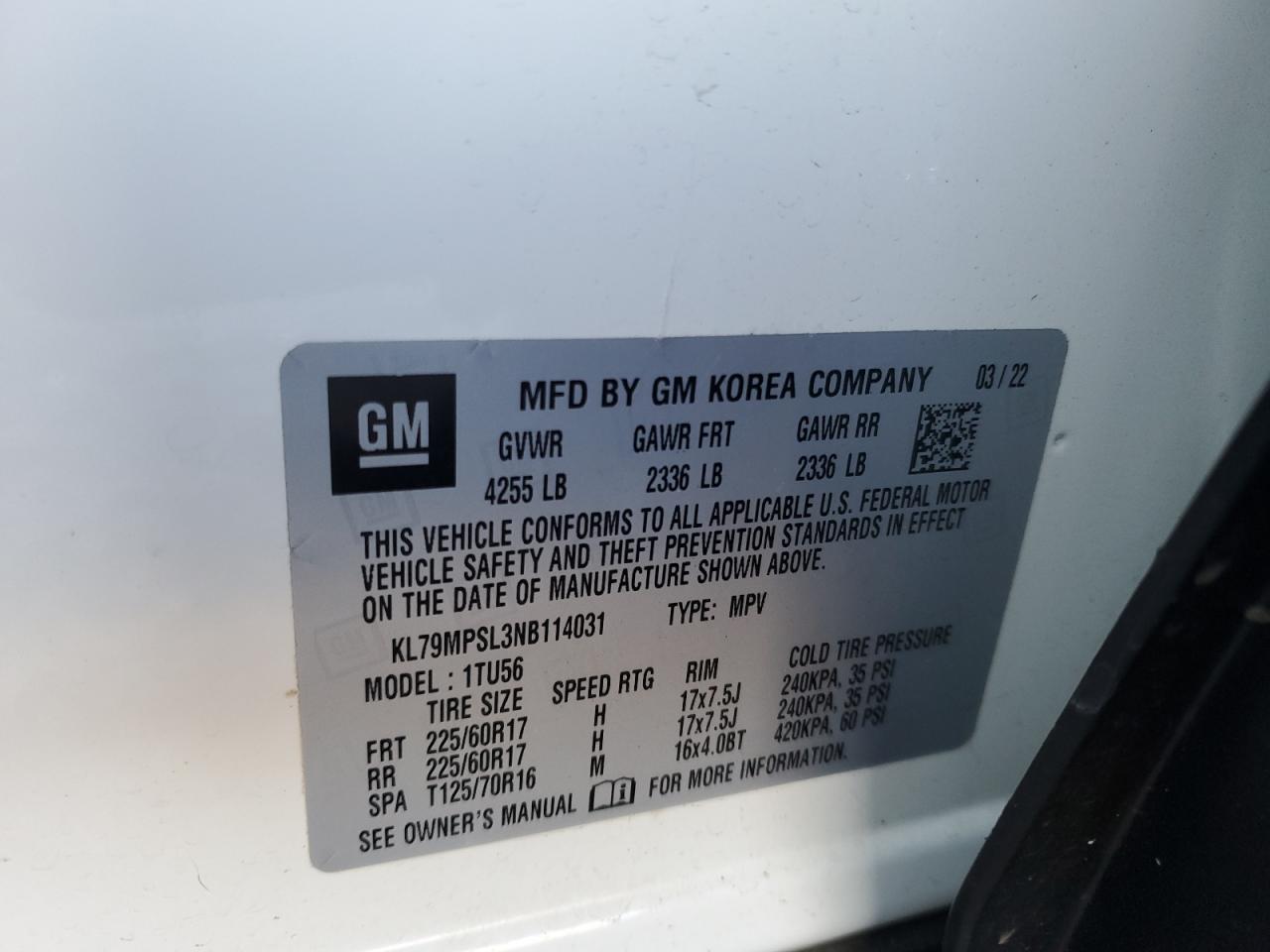 2022 Chevrolet TrailBlazer VIN KL79MPSL3NB114031 Copart auction photo, front end damage thumbnail 15