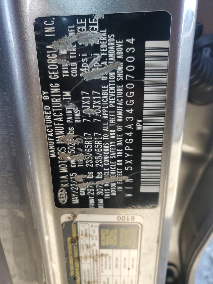 2016 KIA Sorento VIN 5XYPG4A34GG070034 Copart auction photo, rear end damage thumbnail 15