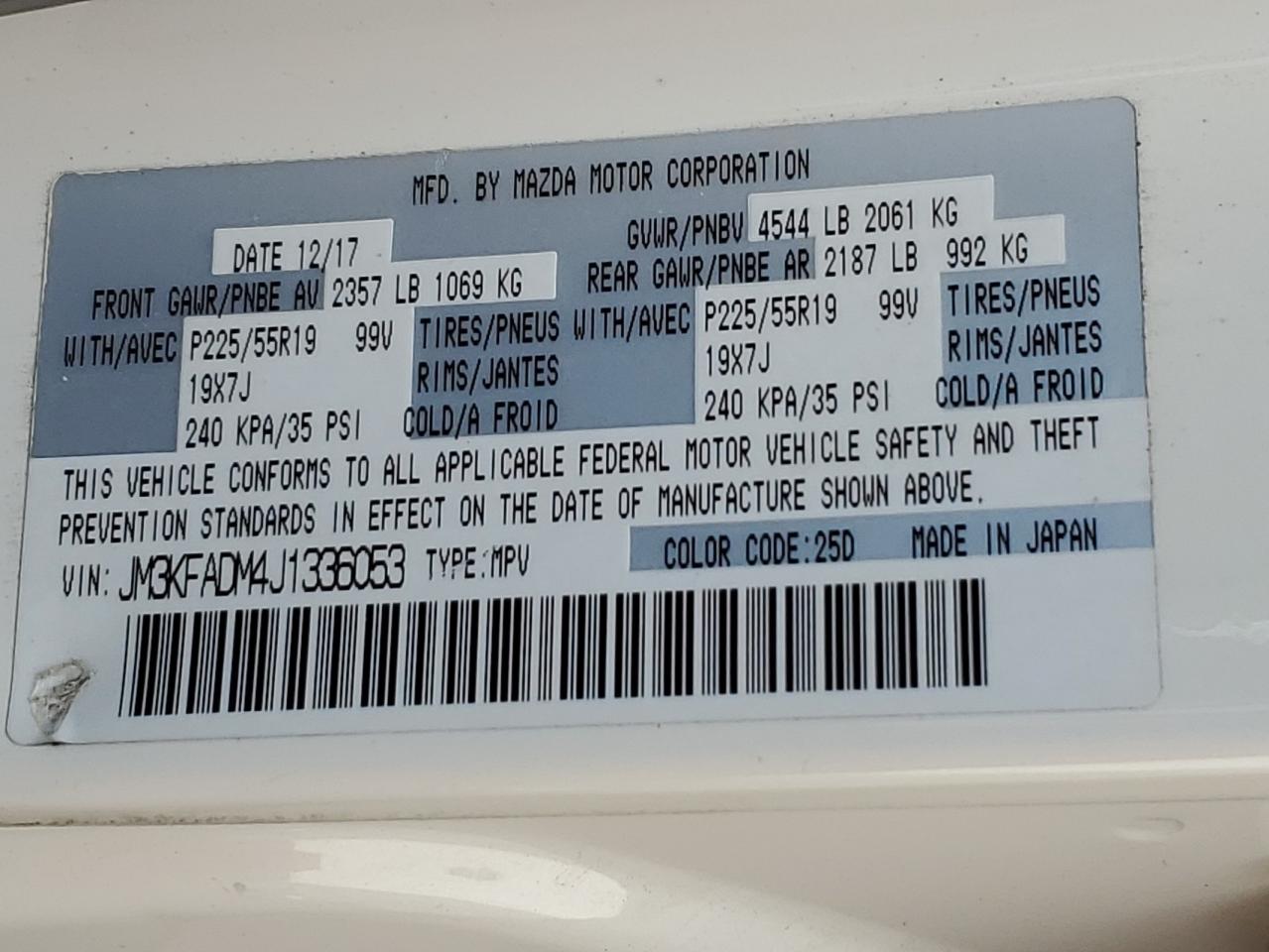 2018 Mazda CX-5 VIN JM3KFADM4J1336053 Copart auction photo, front end / side damage thumbnail 15
