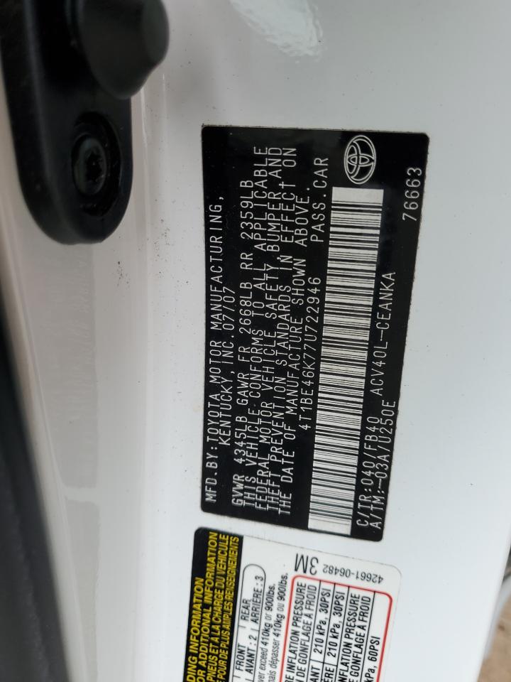 2007 Toyota Camry VIN 4T1BE46K77U722946 Copart auction photo, mechanical damage thumbnail 12