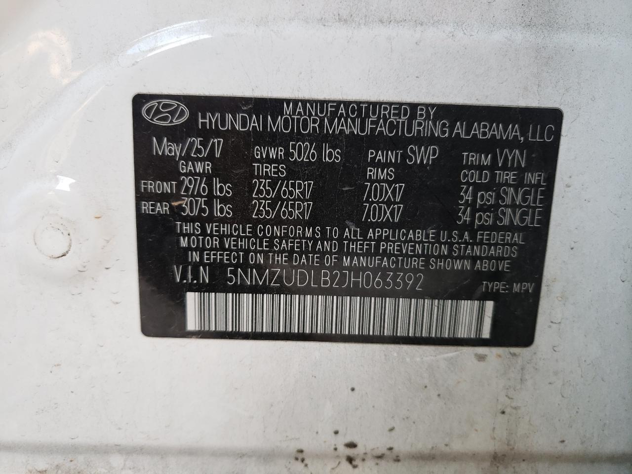 2018 Hyundai Santa Fe VIN 5NMZUDLB2JH063392 Copart auction photo, front end / side damage thumbnail 15