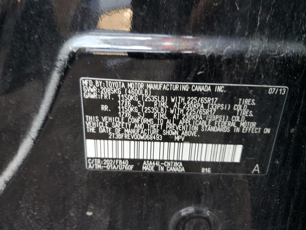 2013 Toyota RAV 4 VIN 2T3BFREV0DW068493 Copart auction photo, front end damage thumbnail 13