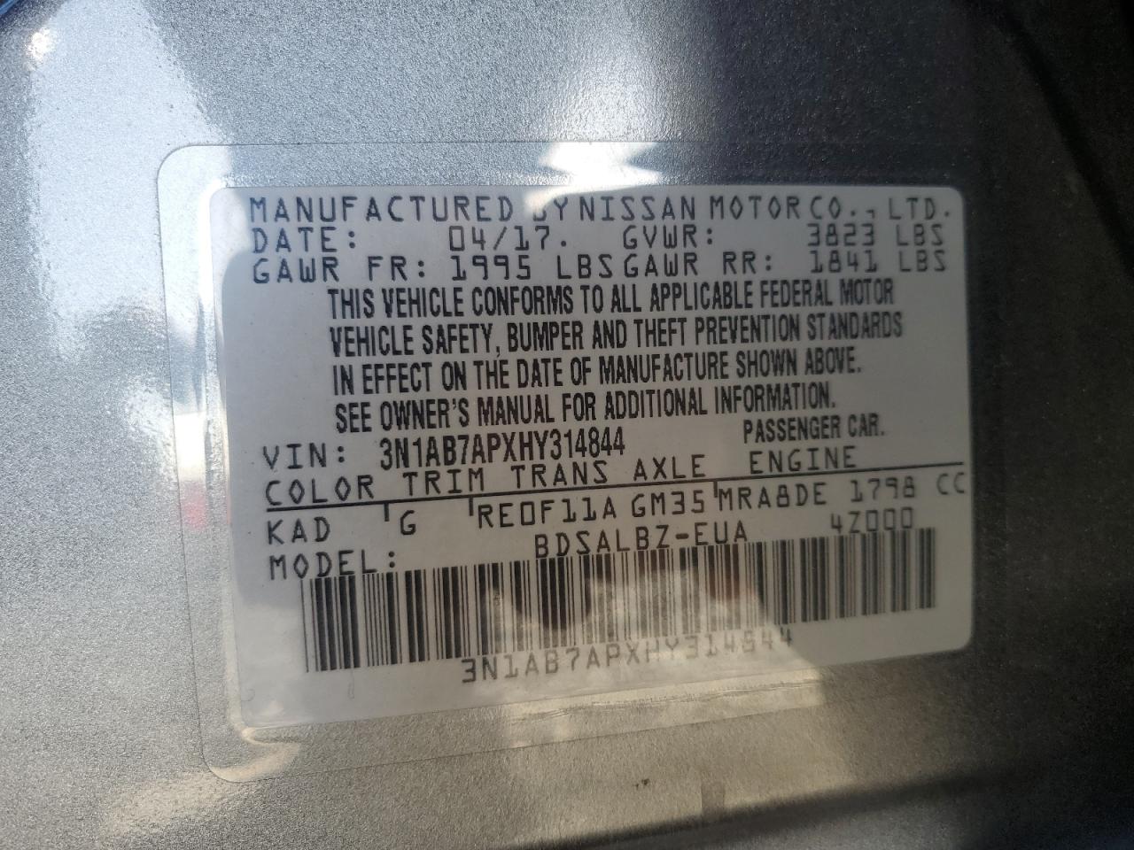 2017 Nissan Sentra VIN 3N1AB7APXHY314844 Copart auction photo, front end damage thumbnail 14