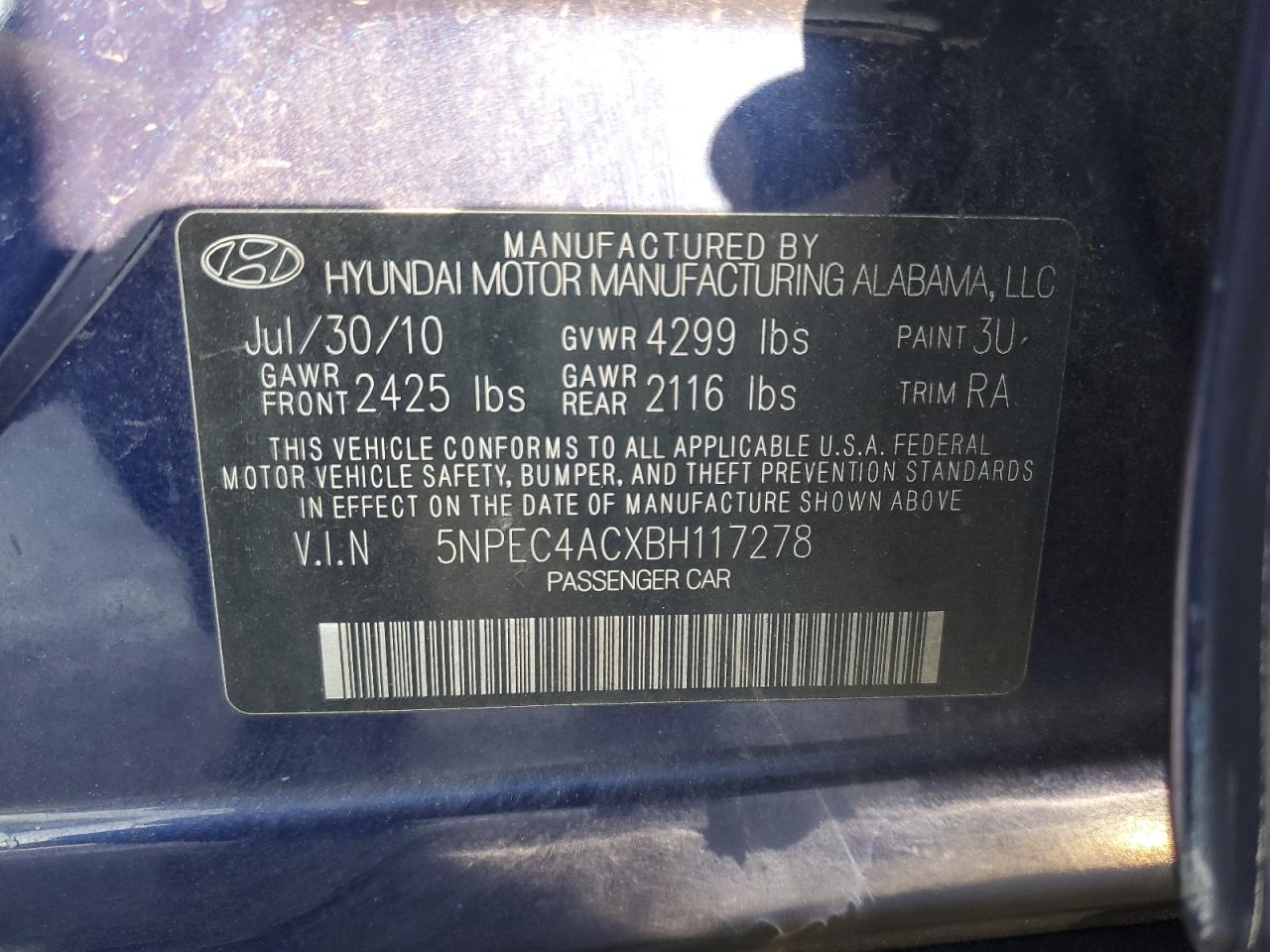 2011 Hyundai Sonata VIN 5NPEC4ACXBH117278 Copart auction photo, side / hail damage thumbnail 12