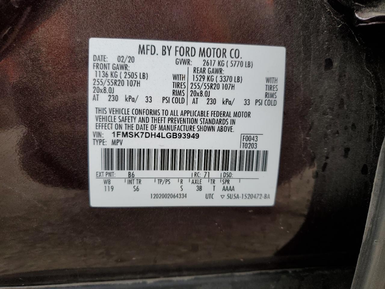 2020 Ford Explorer VIN 1FMSK7DH4LGB93949 Copart auction photo, front end damage thumbnail 14