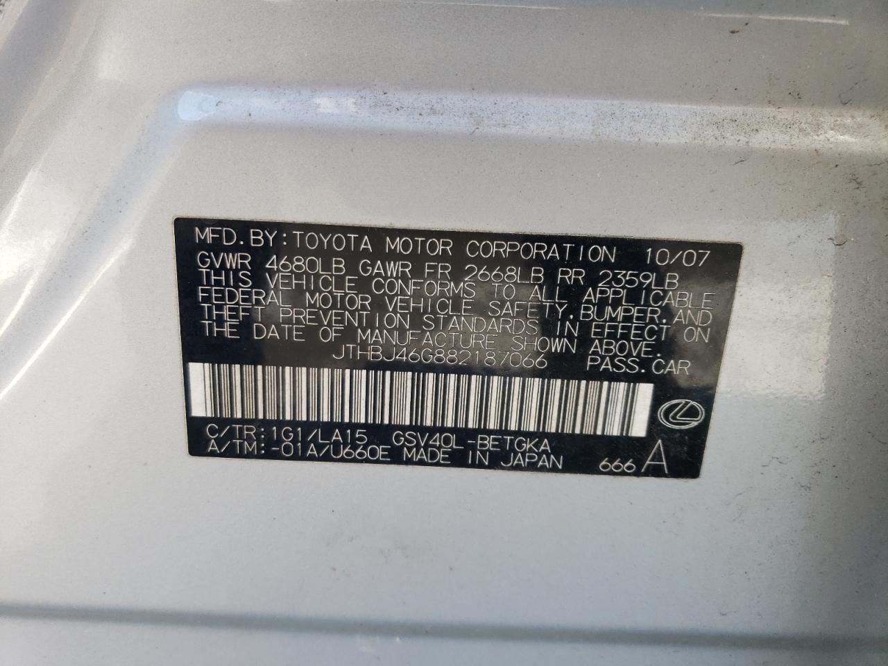 2008 Lexus ES VIN JTHBJ46G882187066 Copart auction photo, all over / front end damage thumbnail 13