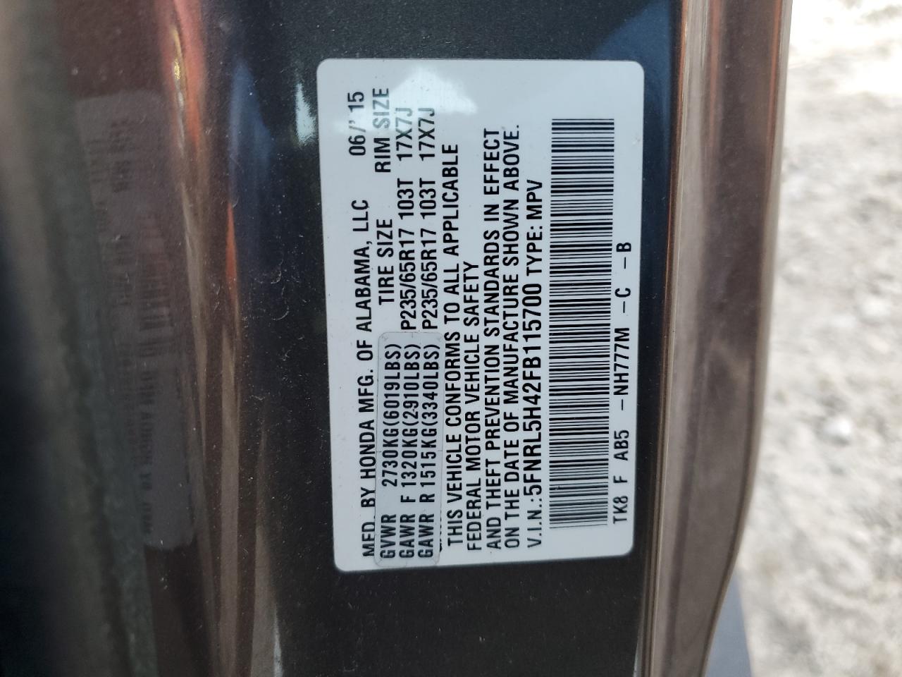 2015 Honda Odyssey VIN 5FNRL5H42FB115700 Copart auction photo, front end damage thumbnail 13
