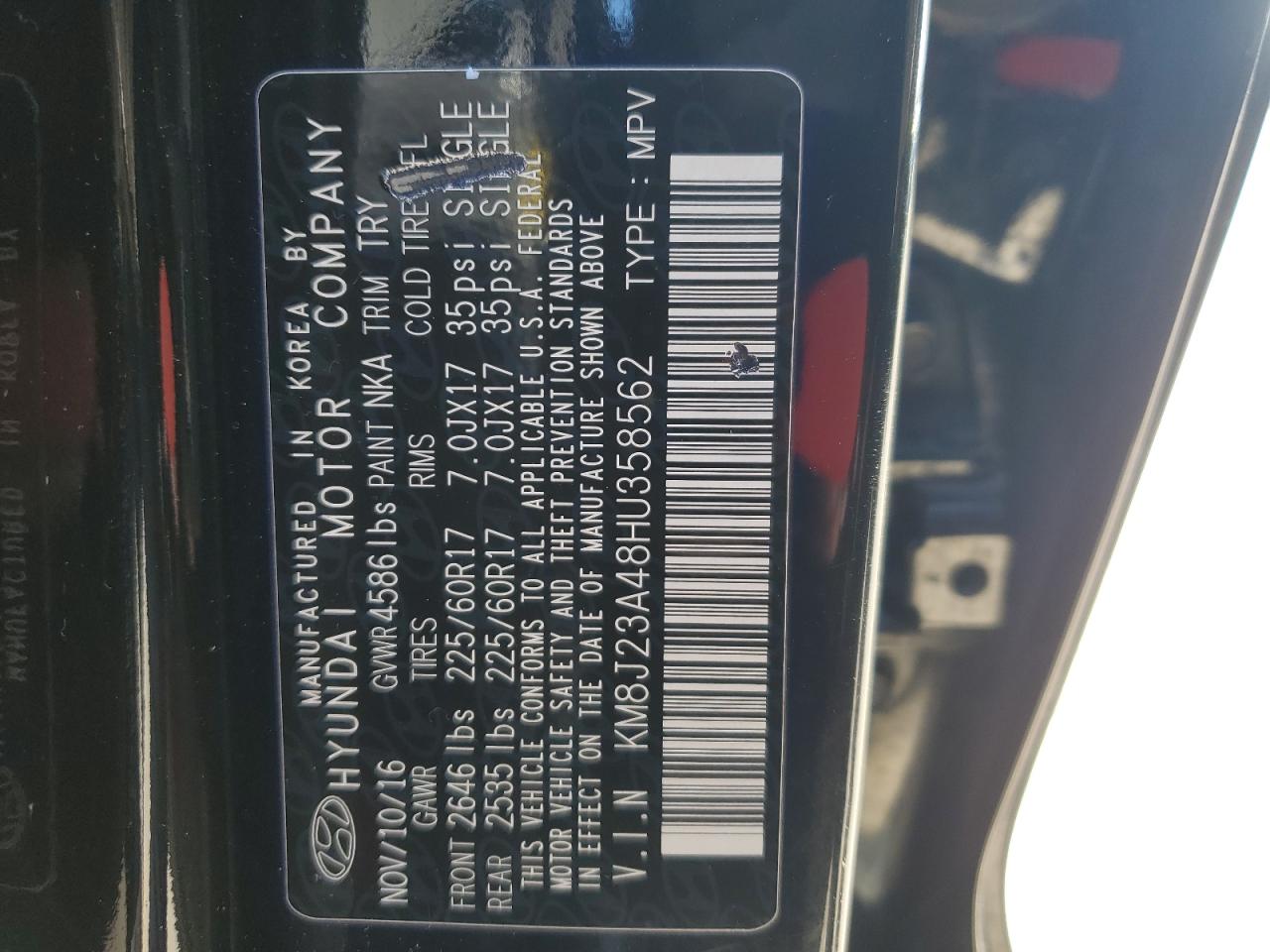 2017 Hyundai Tucson VIN KM8J23A48HU358562 Copart auction photo, rear end / undercarriage damage thumbnail 15