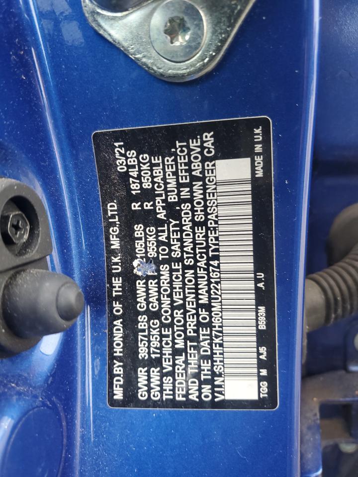 2021 Honda Civic VIN SHHFK7H60MU221674 Copart auction photo, front end / rear end damage thumbnail 14
