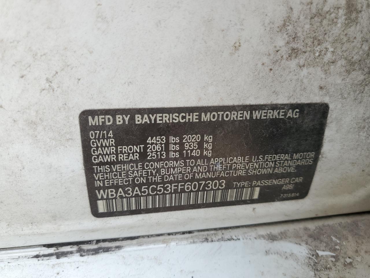 2015 BMW 3er VIN WBA3A5C53FF607303 Copart auction photo, front end damage thumbnail 14