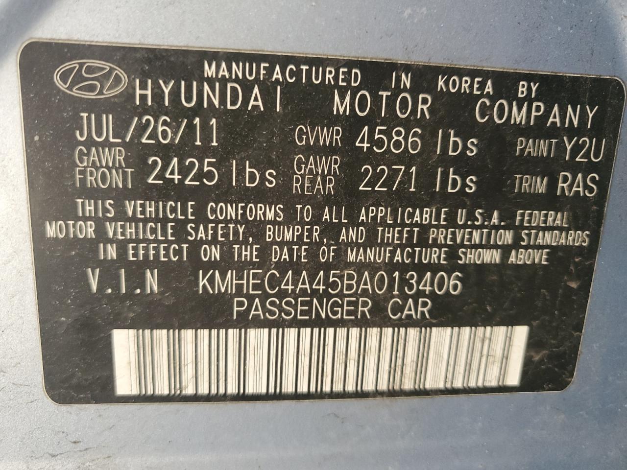 2011 Hyundai Sonata VIN KMHEC4A45BA013406 Copart auction photo, front end / side damage thumbnail 12