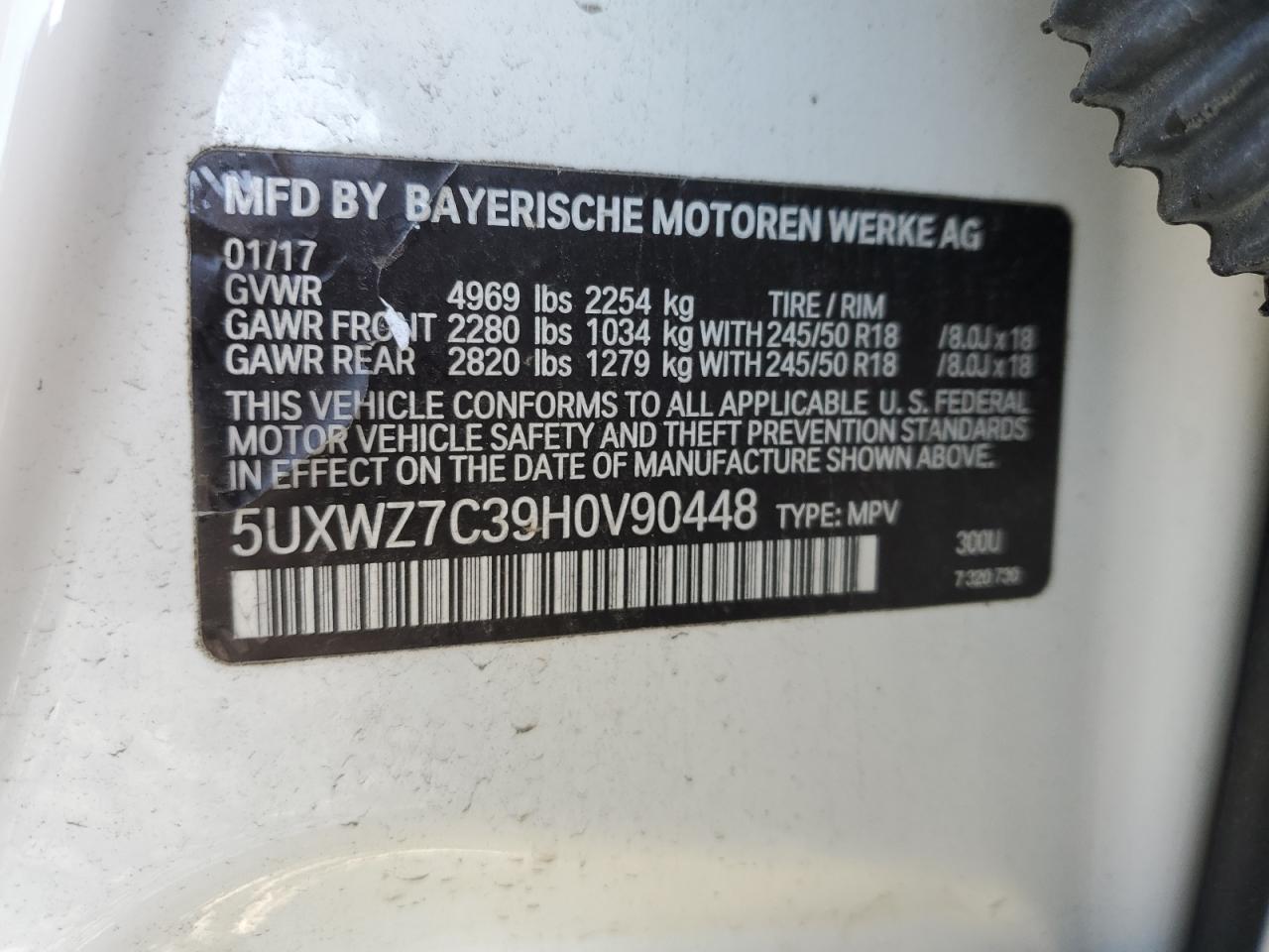 2017 BMW X3 VIN 5UXWZ7C39H0V90448 Copart auction photo, front end damage thumbnail 13