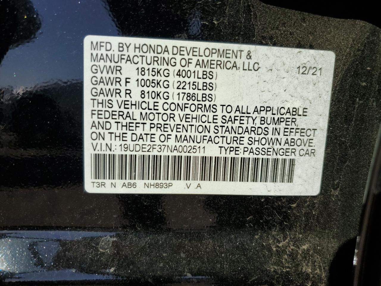 2022 Acura ILX VIN 19UDE2F37NA002511 Copart auction photo, rear end damage thumbnail 14