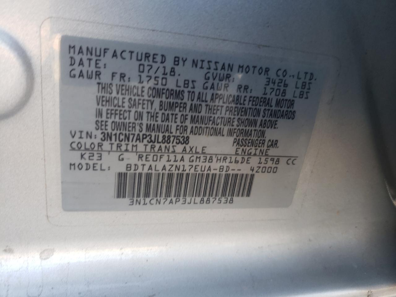 2018 Nissan Versa VIN 3N1CN7AP3JL887538 Copart auction photo, front end damage thumbnail 15